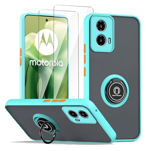 LYZXMY Funda para Motorola Moto G24 4G Azul con Soporte de Anillo+2 x Protector de Pantalla de Vidrio Templado,PC +TPU A Prueba de Golpes Anti arañazos Funda del teléfono Cubierta