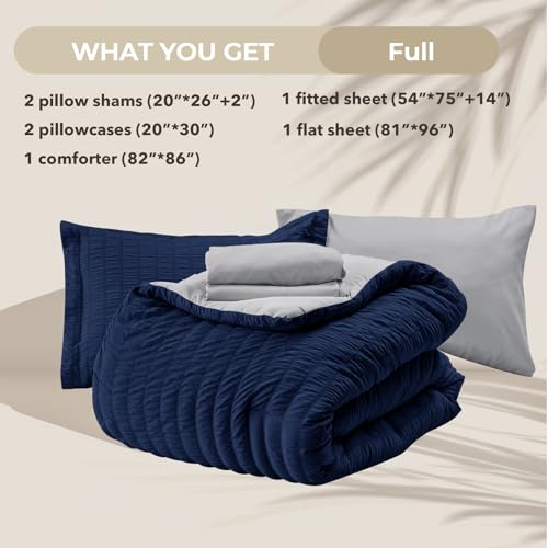 Image of HYMOKEGE Navy Blue /Light Grey Full Size Comforter Sets Seersucker 7 Pieces, All Season Luxury Bed in a Bag for Bedroom, Bedding Set with Comforter, Sheets, Pillowcases & Shams