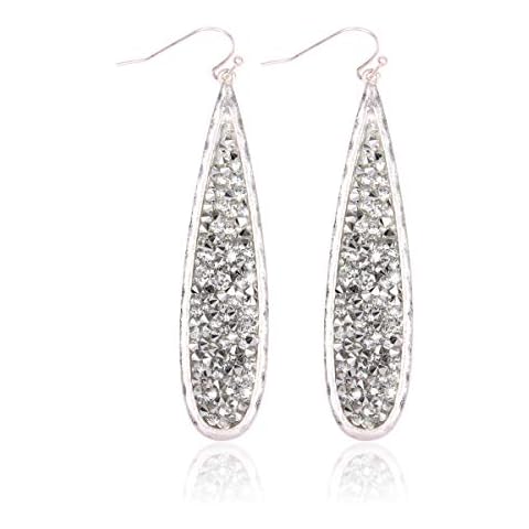Glitter Rhinestone Statement Drop Earrings - Sparkly Crystal Geometric Metal Hook Dangles Vertical Bar, Elongated Teardrop, Shield Disc (Encrusted Jewel - Teardrop Clear/Silver) Cover