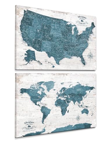 Image of IPIC Vintage Teal World Maps for Wall, World Map Canvas, Size 36x24 in
