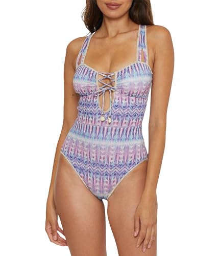 BECCA Women's Standard Tulum One Piece Swimsuit, Abstract Print, Adjustable, Tie Back, Bathing Suits