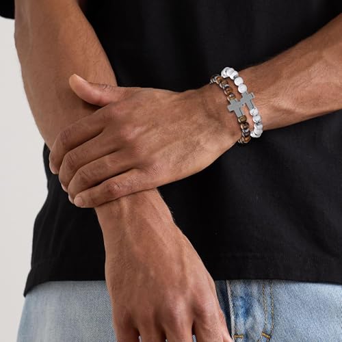 Cross Bead Bracelet for Men Women,8mm Tiger Eye, Lava Rock, Black Obsidian Healing Crystal Beaded Bracelets,Natural Protection Stone Bracelets Jewelry Gifts for Men Women3