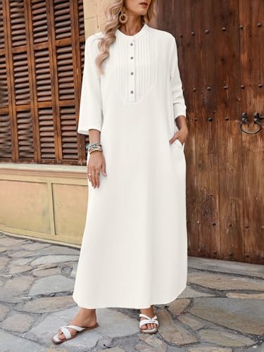 Image of Celmia Autumn Solid Loose Long Maxi Dress Cotton Caftan