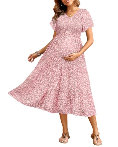Floral Maternity Dress Photoshoot Baby Shower Easter Pregnancy Summer Pink Casual Flowy Midi Flutter Sleeve Dress 2025