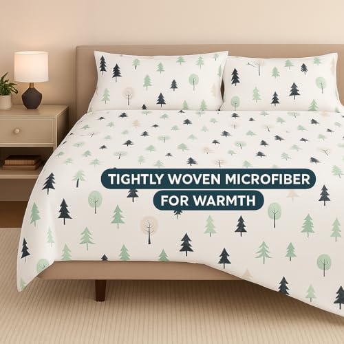 Image of Cottington Lane Winter Forest Printed Double Bed Bedsheet Set - Soft & Wrinkle-Free Microfiber - Includes 2 Pillow Covers - Forest Theme Bedsheet for Home & Gifting (90 x 100 Inches)