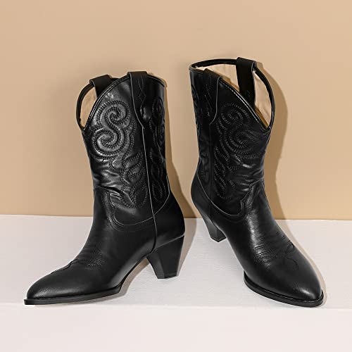 Image of Womens Embroidered Cowgirl Boots Pull On Cowboy Boots for Women Floral Low Chunky Heel Western Boots