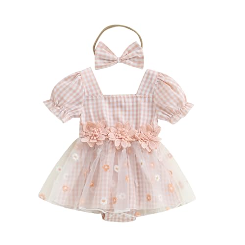 Douhoow Baby Girls Plaid Romper Dress Floral Embroidery Baby Dress Romper Infant Girl Summer Clothes with Headband (Pink, 6-12 Months)