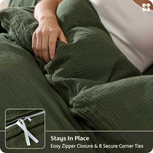Image of Bedsure 100% Muslin Cotton Duvet Cover Queen Size - Ultra-Soft Gauze Duvet Cover, PureWoven Breathable & Lightweight Bedding Set with Zipper Closure and Corner Ties (Olive Green, Queen, 90 inchx90 inch)