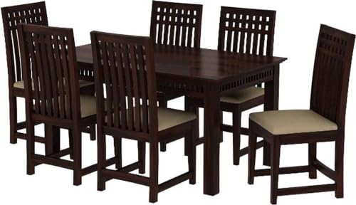 Image of Sheesham Wood 6 Seater Dining Table with Cushioned High Back Chairs for Living Room Home Dining Room Sets Furniture for Dinner Rooms (Mahoghany Finish)