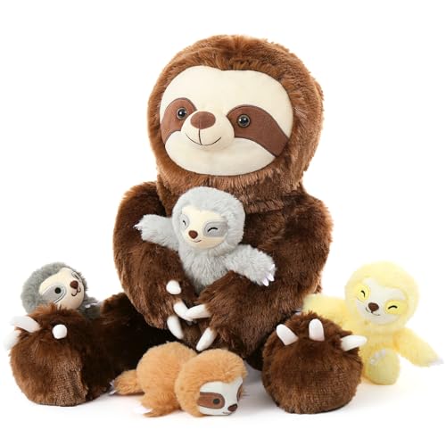 MorisMos Faultier riesen Kuscheltier XXL,60cm Sloth sitzende Faultier Stofftier Plüschtier mit 4 Baby im Bauch, Geburtstag Geschenk für Kinder Jungen