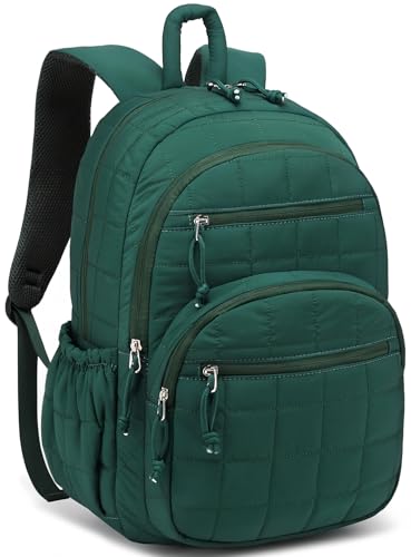 Image of Bookbag for Women, Teen Girls Backpack for High School College Student, Puffer Quilted Back Pack Cute Laptop Backpack for Work Travel Mom Casual Daypack, Dark Green