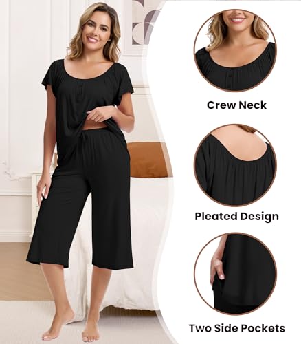 Image of NACHILA Bamboo Viscose Pajamas for Women Cooling Capri Pjs Short Sleeve Set | Cooling comfort for night sweats, Temperature-regulating, Crew Neck, Breathable lightweight stretch, Tagless, Pill-resistant