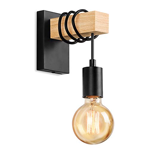 Lightess Lámpara de Pared Madera Apliques de Pared Industrial Casquillo E27 LED Iluminación Interior para Dormitorio, Hotel, Bar, Restaurante, Cafetería,No Incluye Bombilla, Negro