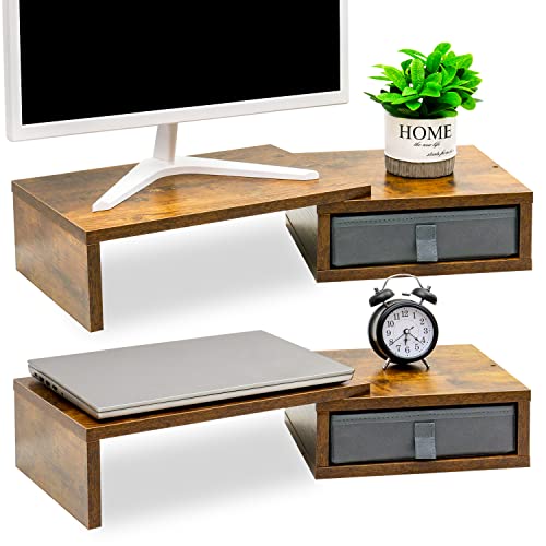 Teamix Dual Monitor Stand Riser With 2 Drawers - Length And Angle Adjustable 3 Shelf Monitor Riser With Storage Desk Organizer Large Monitor Stand For 2 Monitors/Laptop/Pc,Screen/Tv Stand Riser #TOP6