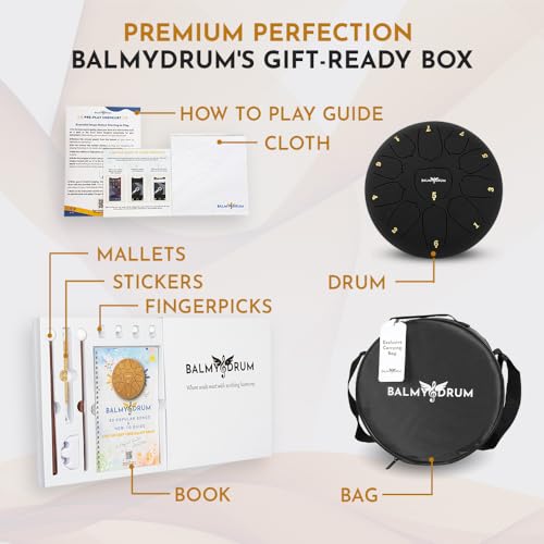 The Balmy Drum - 11 Note 10 Inch Steel Tongue Drum, Steel Drum Instrument, Drums For Children and Adults, Balmy Drum Set for Kids with Music Book, Handpan, Mallet and Carry Bag (Black)