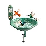 UQQUUNIQ Metal Bird Bath, 13 Inches Outdoor Deck Mounted Bowl with Feeder, Balcony Railing Birdbaths Unheated with Fence Clamp Detachable for Outdoor, Garden, Patio, Copper Green