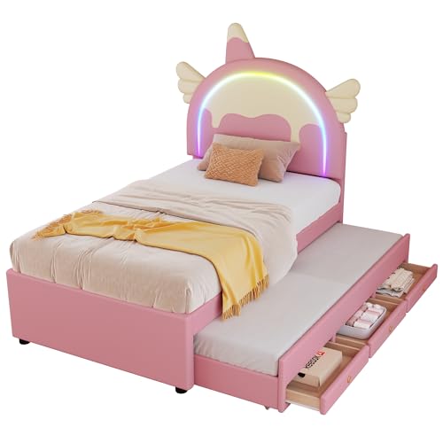 Azkoeesy Cama tapizada con Cama Nido y 3 cajones, LED-Beleuchtung, Estructura de Listones, cabecero en Forma de Unicornio, para niño y niña, Rosa