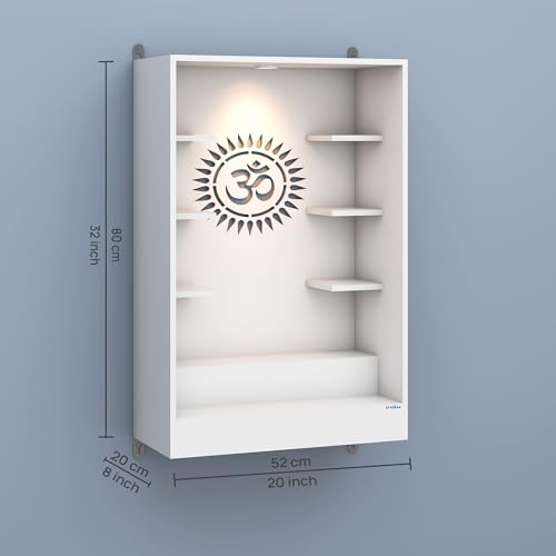 Image of Anikaa Niketana Wooden Wall Mount Mandir for Home | Pooja Temple with LED Light, Om Back Panel & 6 Shelves | Hindu Wooden Temple for Home & Office Decoration | White (DIY), Size(32x20x8 Inches)