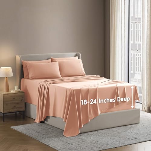 Image of Nestl Extra Deep Cal King Sheet Set - 6 Piece Breathable & Cooling Sheets - Hotel Luxury Bedding Set w /18-24 Inch Deep Pockets - Easy & Secure Fit - Super Soft, Wrinkle Free & Comfy - Peach Beige