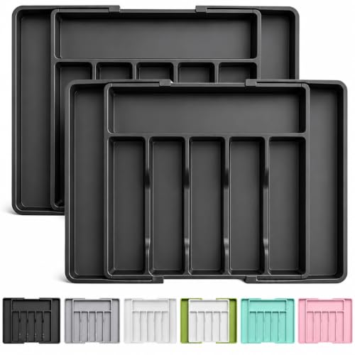 Image of Large Silverware Drawer Organizer, Expandable Utensil Tray for Kitchen, BPA Free Flatware and Cutlery Holder, Adjustable Plastic Storage for Spoons Forks Knives (Black, Pack Of 2)