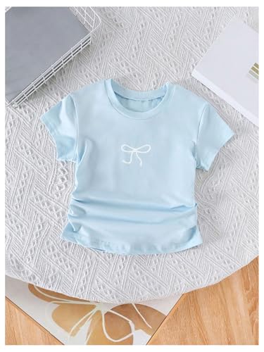 Girl's Bow Graphic Tee Shirts Y2K Ruched Short Sleeve Cute Summer T-Shirt3