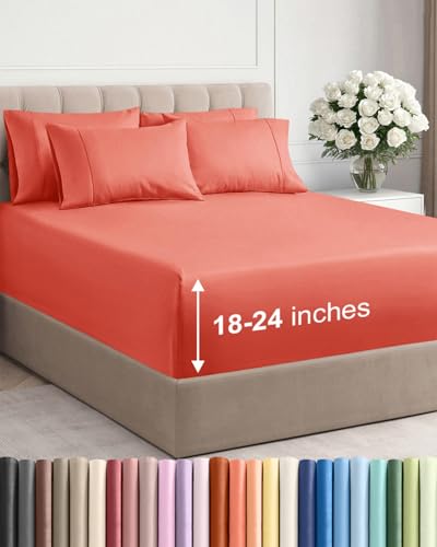 Image of Extra Deep Full Sheet Set - 6 Piece Breathable and Cooling Sheets - Coral | Hotel Luxury Bed Sheets Set, Easy & Secure Fit, Ultra-Soft, Wrinkle & Fade Free, Comfy Sheets Set with Extra Deep Pockets