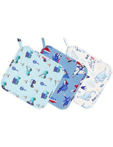 Image of Baby Lovey Security Blanket Set of 3, Bamboo-Derived Viscose, Super Soft and Breathable Baby Blanket with Attachable Loop, 9.5 inch*9.5 inch, Jurassic /Vehicle /Aerial