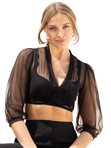 Nina von C Dirndl-Bluse 3/4 Arm Emilia 12 471 111 0 | Moderne transparente Bluse | tiefer V-Ausschnitt | leichtes luftiges Tragegefühl | 46 | schwarz