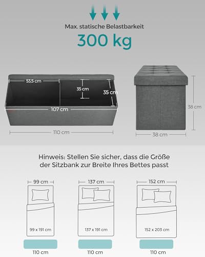 SONGMICS Sitzhocker mit Stauraum, klappbare Sitzbank, 38 x 110 x 38 cm Fußbank, Aufbewahrungsbox, bis 300 kg belastbar, für Wohnzimmer Schlafzimmer Flur, schiefergrau LSF77K