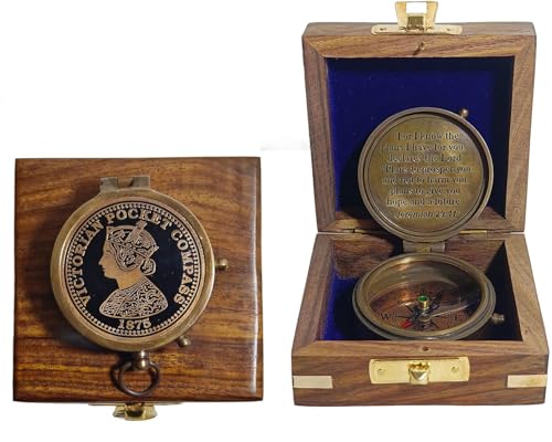 Brújula de bolsillo plana antigua de 2 pulgadas de diseño hermoso de latón con caja de madera miniatura 1
