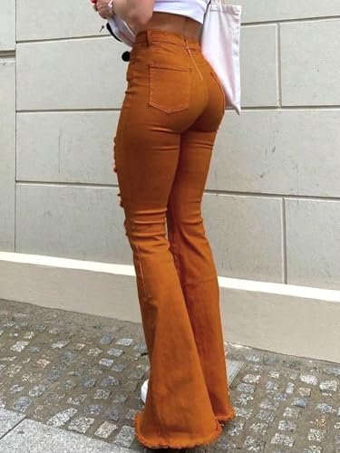 Women's Orange Stretch Ripped Flare Jeans High Waisted Distressed Bell Bottoms Trendy Y2K Frayed Hem Denim Pants4