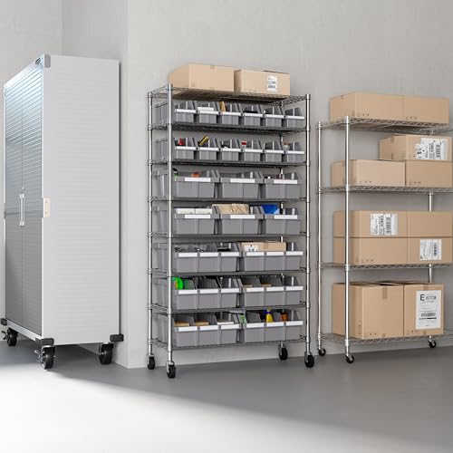 Image of 8-Tier NSF 24-Bin Steel Wire Shelving Rack, 36 inchW x 14.25 inchD x 63.5 inchH, Gray | 24 slide-out bins with tilt-lock design keep supplies organized and accessible