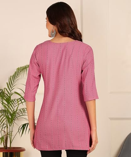 Image of DSK Studio Women's Cotton Short Kurti with Notch Neck Line 3 /4th Sleeves Abstract Pattern Short Length and Regular Fit
