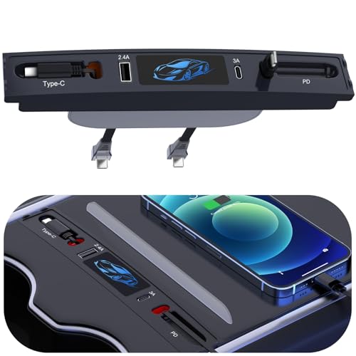 USB Hub for Tesla Mode 3/Y: 27W Fast Charging Docking Station Compatible with Tesla 3 Y Acessories 2021 2022 2023 Multi Ports Phone Charger Storage with Retractable Cables for Center Console Accessory