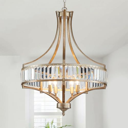 peskoe Modern Crystal Chandelier 22" Large Farmhouse Pendant Round 5-Light Antique Gold Adjustable Height Hanging Light for Dining Room Kitchen Island Hallway Bedroom Foyer Hall