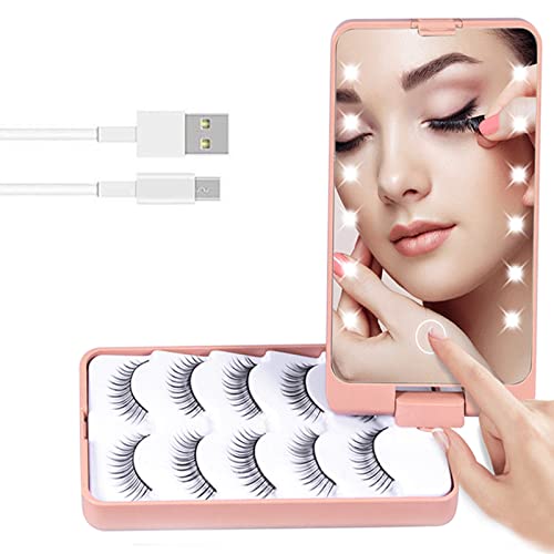 LED Eyelash Case Holder with Makeup Mirror,LXIANGN False Eyelash Storage Organizer with Light Travel Lashes Box for Makeup (USB-Pink)