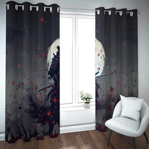 CHERHERART Cortinas térmicas Luna Vista Nocturna con los Paneles Ventana Que oscurecen habitación samurái para decoración del hogar Coberturas térmicas Ventanas Anime japonés 2xB140xH245