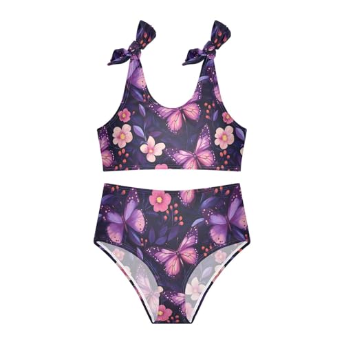 Wusikd Purple Butterflies Girls Swimsuits Two Piece Pink Flowers Swimwear Bikini Set for for Girls Size 3T3