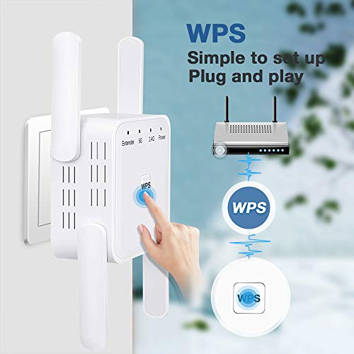 1200Mbps WiFi Booster Range Extender Repeater, 2.4 & 5GHz Dual Band WPS Wireless Signal 4 Antennas 360° Full Coverage, Extend WiFi Signal to Smart Home & Alex Devices (White)