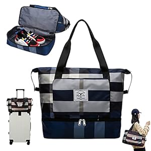 New Foldable Dry/Wet Separation Travel Bag,Large Capacity Folding Travel Bag with Luggage Sleeve,Gym Bag with Trolley Sleeve,Travel Lightweight Waterproof Carry Luggage Bag (Blue)