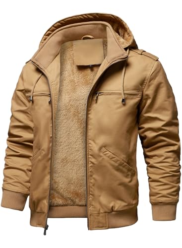HOOD CREW Winterjacken für Herren Warme Fleecejacke Baumwolle Mantel mit Kapuze Übergangsjacke Militär Cargojacke mit Taschen Khaki XL HOOD CREW Winterjacken für Herren Warme Fleecejacke Baumwolle Mantel mit Kapuze Übergangsjacke Militär Cargojacke mit Taschen Khaki XL
