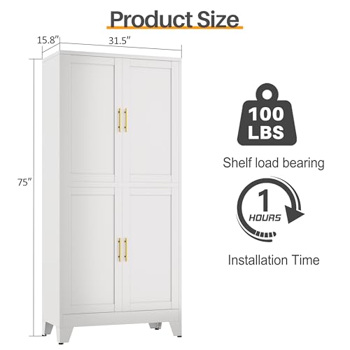 Image of 75 inch Tall Kitchen Pantry Cabinet, White Metal Pantry Storage | Storage Cabinet with Doors and 3 Adjustable Shelves, Steel Storage, Bathroom cabinets Organizer, Cupboard for Home, Office