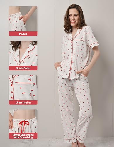 Image of NAP BOUND 100% Cotton Women's Pajama Sets Short Sleeve Button Down Soft Pjs 2 Piece Lounge Set with Pocket Nightwear XS-XXL
