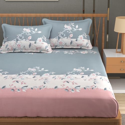 Image of Vram Premium Heavy Cotton Elastic Fitted Bedsheets with 2 King Size Pillow Covers || Double Bed with All Around Elastic 350 TC || 72 x 78 x 10 Inch King Size Fitted || :- Pink Tricolor