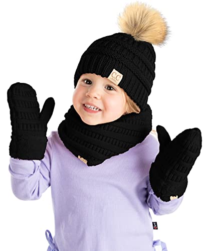 Funky Junque Kids Matching Neck Warmer Scarf Soft Fuzzy Cuff Gloves Mittens Ribbed Knit Pom Pom Beanie Bundle Boy Girl
