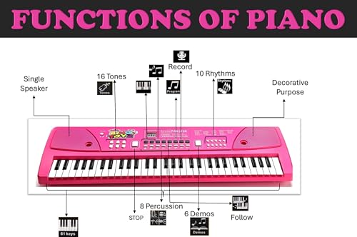 Image of Piano Keyboard with Mic | 61 Keys, 10 Rhythms, 16 Tones, 6 Demo Songs & 8 Percussions | Electronic Musical Toy for Boys & Girls | Educational & Recording Keyboard for Beginners-Pink