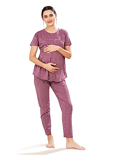 Image of Pastel Clip Women Cotton Star Printed Relaxed Maternity Night Suits for Women Feeding 7002-7003