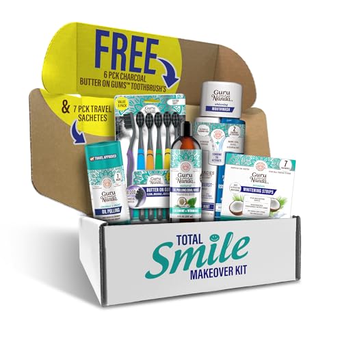 GuruNanda Total Smile Makeover Kit Charcoal with Cocomint Oil Pulling, Dual Barrel Whitening Mouthwash, Whitening Strips & Charcoal Butter on Gums Toothbrushes