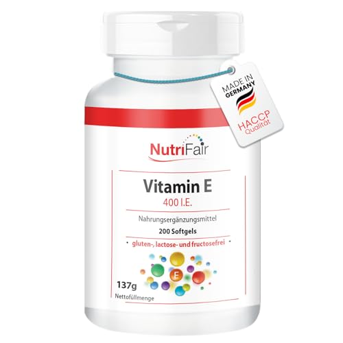 Vitamin E 400 I.E. - mit 268mg Vitamin E pro Softgel - 200 Softgels - Hochdosiert - Deutsche Produktion & Laborprüfung - NutriFair | Premium & Fair