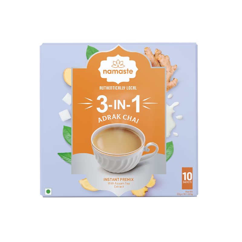 Namaste Chai Instant Tea Premix, Adrak Flavor | Assam | Ginger | Milk And Sugar | Ready Mix (22 grams X 10 Sachets,Powder) - Ginger